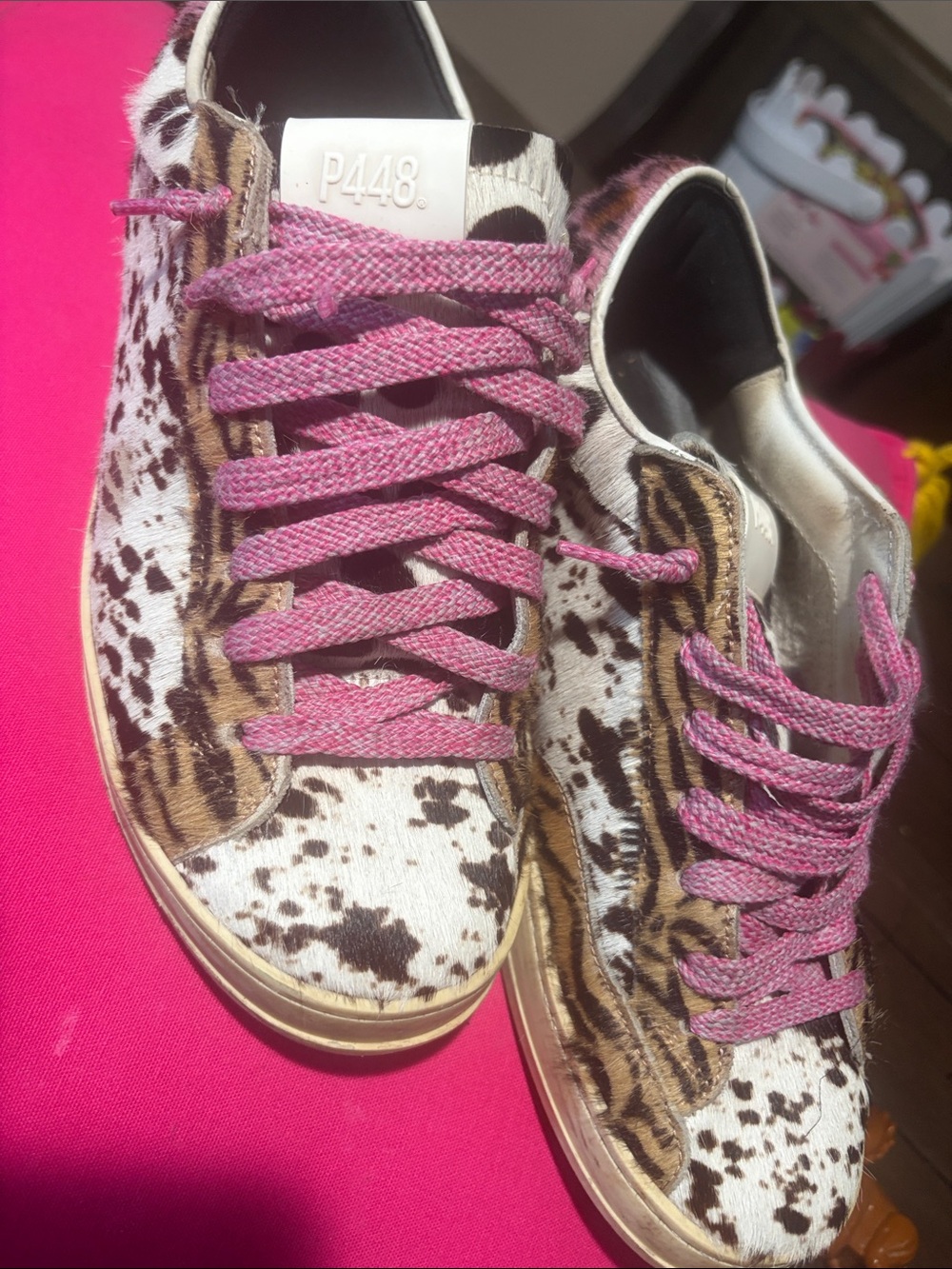 P448 Women’s Pink Laced Mixed Animal Print Low-Top Sneakers